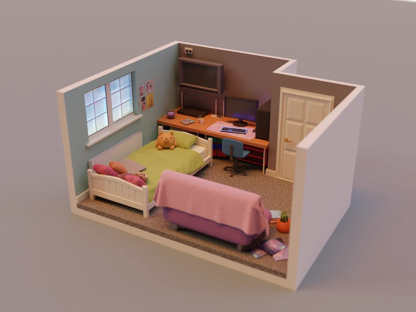 a 3d render of a bedroom with a single bed, a sofa bed couch, a tv on the wall, built in wardrobes and a double window